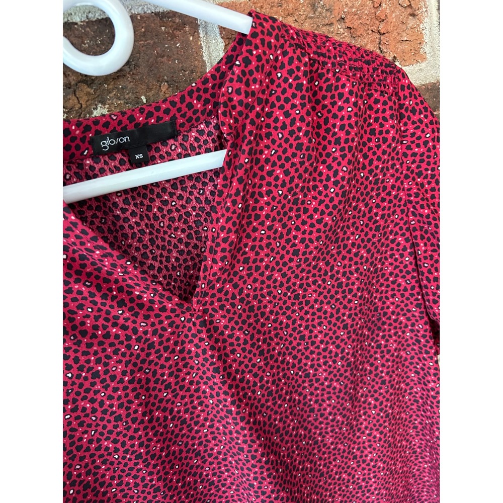 Gibson Womens Red Black Micro Dot V-Neck Smocked Short Sleeve Blouse XS Cute!